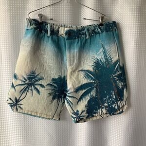 Men's Majestik Tapestry Shorts Tropical Palm Tree Jacquard White & Blue 2XL